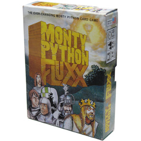 Image of the game box for Monty Python Fluxx with pixilated background image and block letter logo
