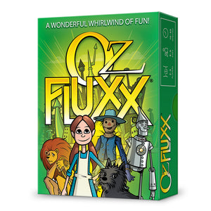 Image of game box for Oz Fluxx with green background with Emerald City and Dorothy, Toto, and her 3 new friends