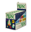Display box with six games for Chemistry Fluxx with blue and white box, green logo, and images of chemical elements