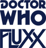 Logo for Doctor Who Fluxx dark blue letters on a white background