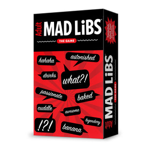 Image of the game box for Adult Mad Libs: The Game with a red background and black word balloons