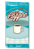 Image of the foil packaging for Just Coffee Expansion with a light blue background and a picture of a coffee cup