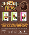 Flat back of box image for Jumanji Fluxx showing 3 cards: Dr Smolder + Franklin "Mouse" Finbar = Trusty Sidekick