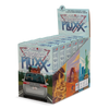 Display box with six games for Across America Fluxx with a mountain and sky background and an illustration of people driving in a car packed for a road trip with US landmarks along the sides