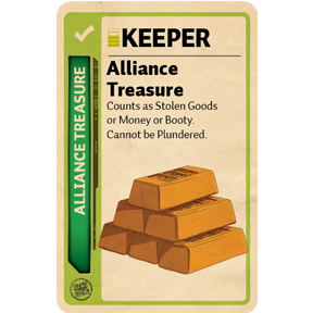 Promo card image for Alliance Treasure with a green stripe, KEEPER header, and a picture of bricks made of gold
