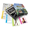 Box and contents image for Fantasy Fluxx showing 5 cards including The Gallant Swordsman and The Dungeon