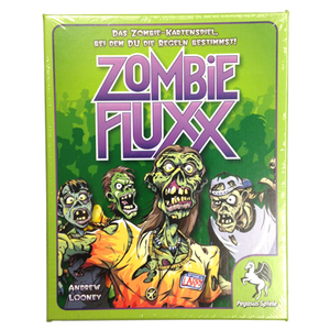 Image of game box for German Zombie Fluxx with a green background and a Zombie named Larry