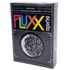 Hebrew Fluxx 5.0 with a black box, colorful logo, and black and white image of the moon