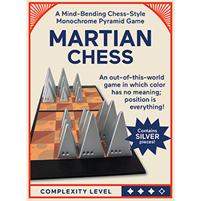 Flat back of box image for Silver Martian Chess showing the silver pieces on the Martian Chess board