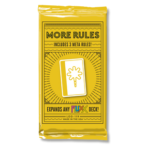 Image of the foil packaging for More Rules Fluxx Expansion with a yellow background an image of the New Rules flower symbol