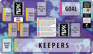 Solo Fluxx Playmat showing card type placement and rules with a Purple Tie Die background.