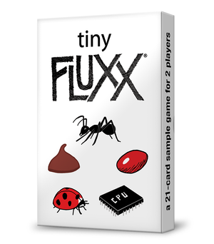 Image of game box for Tiny Fluxx showing a tiny white box with 5 images: Ant, Candy, CPU, Lady Bug, Chocolate Chip