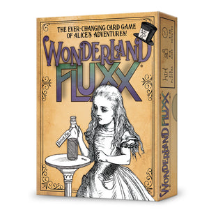 Image of the game box for Wonderland Fluxx with a parchment background, the logo, and a black & white illustration of Alice with her Drink Me bottle