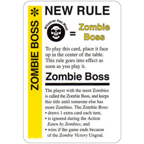 Promo card image for Zombie Boss with a yellow stripe, NEW RULE header, and text explaining whoever has the most Zombies is the Zombie Boss