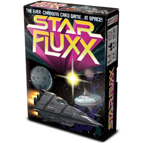 Image of the game box for Star Fluxx with a black box and The Ship, The Moon, and The Space Station