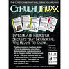 Flat back of box image for Cthulhu Fluxx showing 5 cards and the heading: Investigate Eldritch Secrets That No Mortal Was Meant To Know