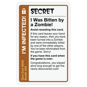 Game card titled 'I Was Bitten by a Zombie!' with text and border details.