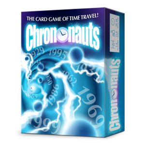 Image of the game box for Chrononauts with blue swirls with dates spiraling into the center
