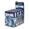 Display box with six games for Chrononauts with blue swirls with dates spiraling into the center and dinosaurs on the side