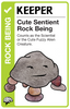 Keeper Card featuring a cartoon rock with facial features and text describing its role as a 'Cute Sentient Rock Being'.