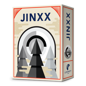 3D Image of Jinxx box, showing black and gray pyramids in front of a back, gray and white badge on a cream background with red border.