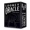 mage of the game box for Looney Oracle with black background and white outline illustration of a hand choosing a card.