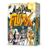 Image of the game box for Monty Python Fluxx with pixilated background image and cursive plus block letter logo