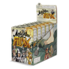 Display box with six games for Monty Python Fluxx with pixilated background image and cursive plus block letter logo