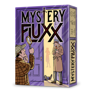 Front of Mystery Fluxx box is purple, designed to look like a double door. The door is ajar, with yellow light streaming out from the room behind it. Two detectives are examining the scene, a partially visible body is on the floor and the silhouette of a woman is in the background.