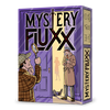 Front of Mystery Fluxx box is purple, designed to look like a double door. The door is ajar, with yellow light streaming out from the room behind it. Two detectives are examining the scene, a partially visible body is on the floor and the silhouette of a woman is in the background.