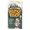 Image of the foil packaging for Patsy Pack with a green background and an image of Patsy holding coconut shells.