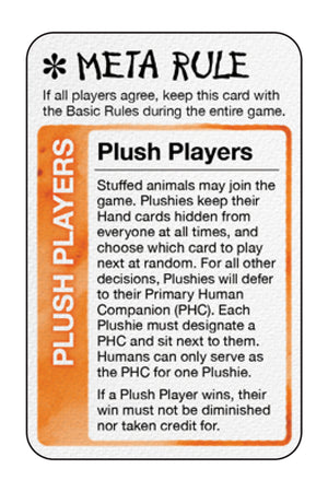 Promo card image for Plush Players with an orange stripe, META RULE header, and the text of the rule.