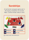 Promo card image for Sandships Card showing the front of the card with a picture of a square red board with pyramids set up on it and 3 black dice.