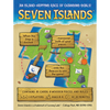Back cover of box for 'Seven Islands' with a map and game pieces on a blue and beige background.