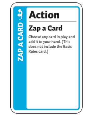 Promo card image for Zap a Card with a blue stripe, the ACTION header, and the Rocket illustration from our game Aquarius