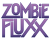 Logo for Zombie Fluxx with purple and white letters on a white background