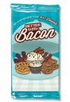 Image of the foil packaging for Better With Bacon Expansion with a light blue background and images of bacon flavored desserts