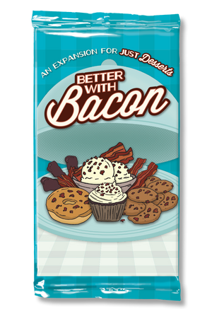 Image of the foil packaging for Better With Bacon Expansion with a light blue background and images of bacon flavored desserts