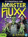Flat back of box image for Monster Fluxx (hang tab) with a purple box, yellow logo, and images of a Skeleton, Dracula, and Frankenstein's Monster