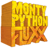 Logo for Monty Python Fluxx with big orange block letters
