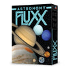 Image of the game box for Astronomy Fluxx with a black background, blue logo, and images of 8 planets