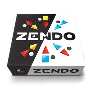 Image of the game box for Zendo showing a half black half white box with illustrations of pyramids and marking stones