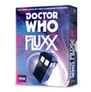 Image of the game box for Doctor Who Fluxx with a purple and pink swirly background and illustration of The Tardis