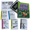 Box and contents image for Zombie Fluxx with 5 cards showing including The Chainsaw, Eaten by Zombies, and Zombie Baseball Team