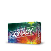 Image of game box for Stoner Loonacy featuring rainbow tie dye with a white logo