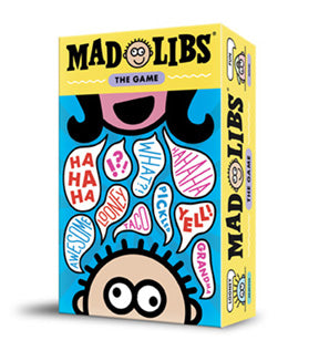 Image of the game box for Mad Libs: The Game with a yellow and blue background and characters speaking words in balloons