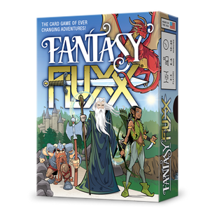 Image of the game box for Fantasy Fluxx featuring a Wizard, an Elf, and a Dwarven Warrior