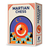 Image of game box for Martian Chess showing red logo and black pyramids on blue and orange chessboard