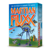Image of game box for Martian Fluxx with a blue box and orange logo and an image of a three legged tripod picking up a cow