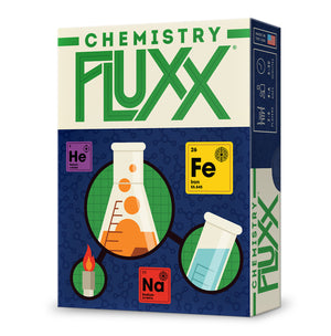 Image of the game box for Chemistry Fluxx with blue and white box, green logo, and images of chemical elements